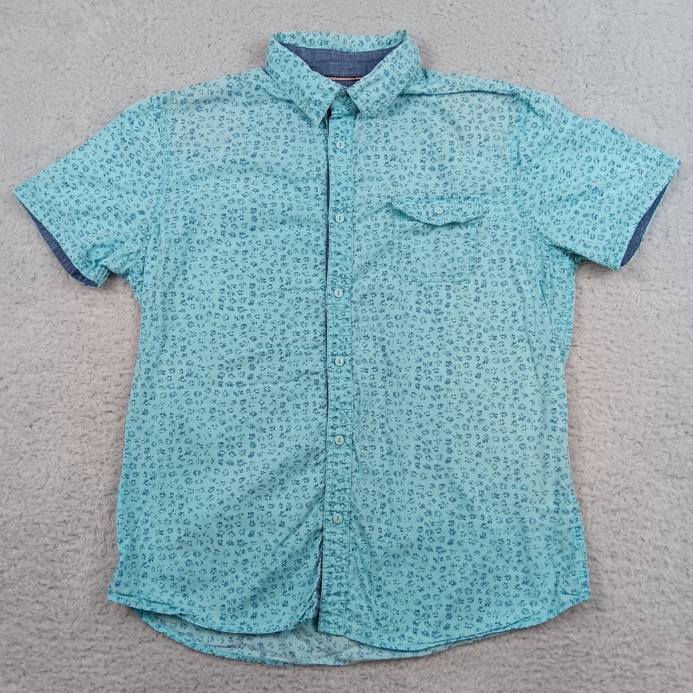 Lee Button Down Shirt Mens L Turquoise Floral Cotton Short Sleeve RN 64866